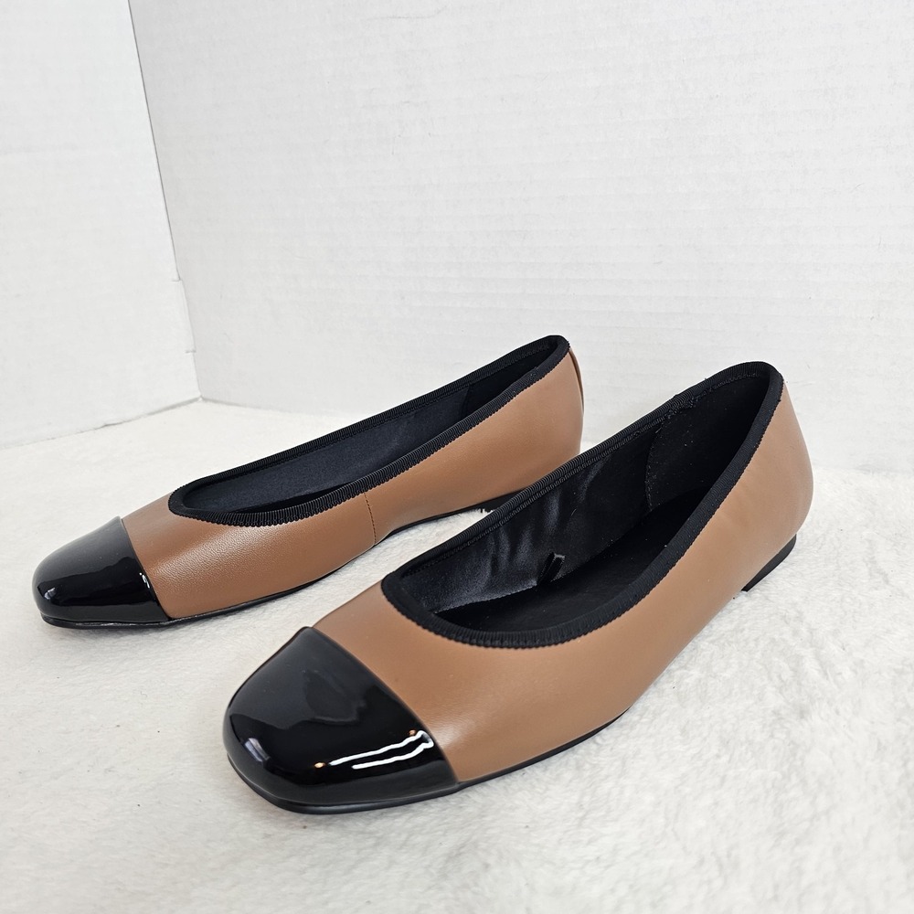 Women's Two-Tone Brown and Black Cap-Toe Ballet Flats